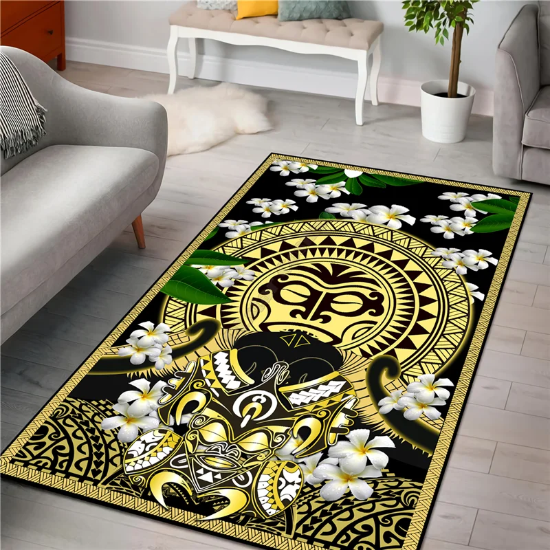 

Polynesian Face With Plumeria 3D All Over Printed Carpet Mat for Living Room Doormat Flannel Print Bedroom Non-slip Floor Rug