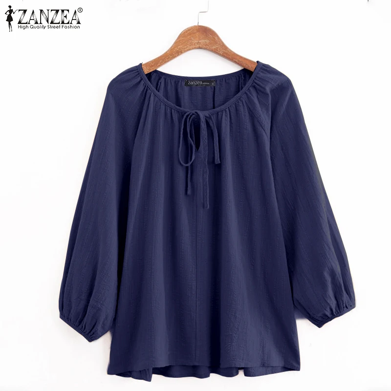 Frauen 2023 Sommer Blusen ZANZEA Solid Puff Sleeve Tops Weibliche Vintage Baumwolle Hemd Casual Kordelzug O Neck Blusa Oversize