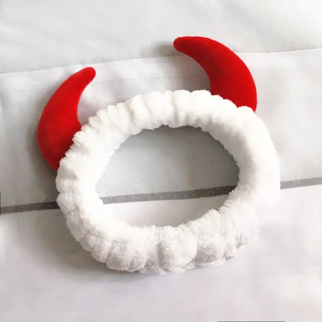 Plüsch Stirnband Frauen Mädchen Niedlichen Roten Hörner Weiche Elastische Haarband Waschen Gesicht Sport Samt Haar Band Party Bandana Haar Zubehör – Detail 5