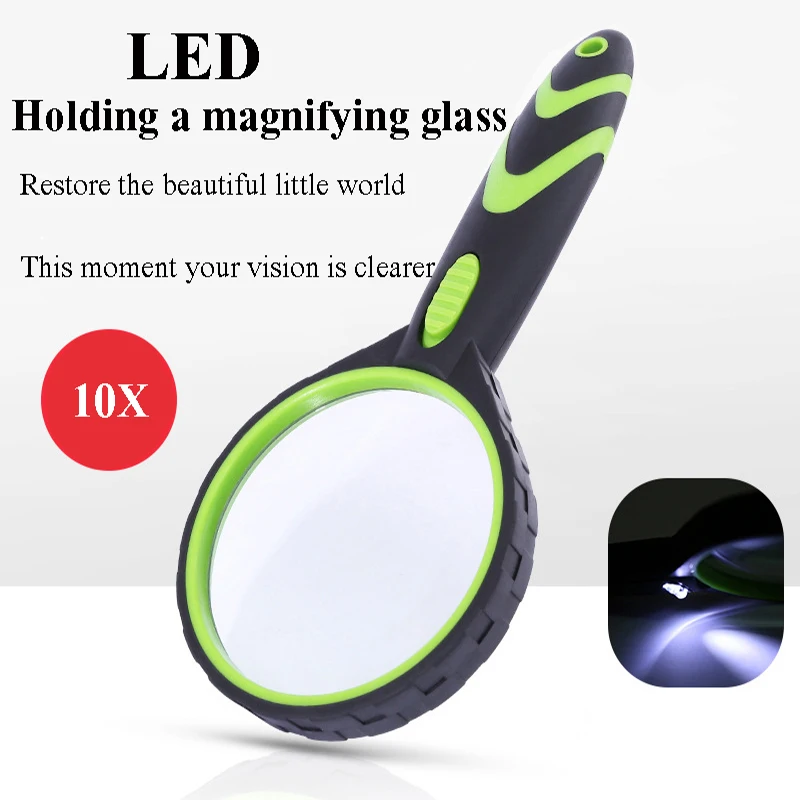 

10X Rubber Handheld Magnifier With 2 Led Lights, 75MM Optical Glass Lens Magnifying Glass For Reading Looking Identification