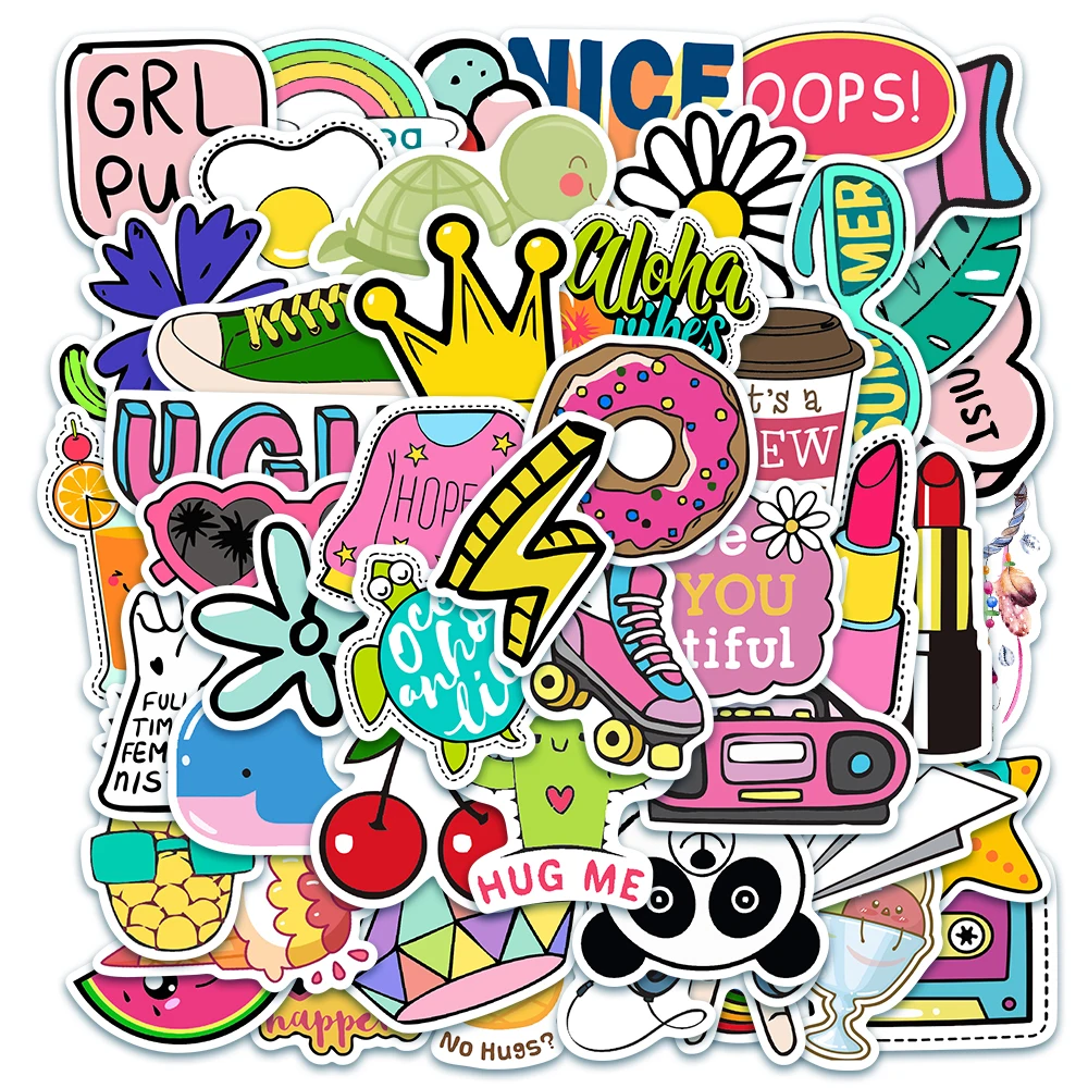 50Pcs VSCO Girl Stickers for Water Bottles Cartoon Stickers Suitable for Photo Luggage Laptop Trendy Waterproof Stickers