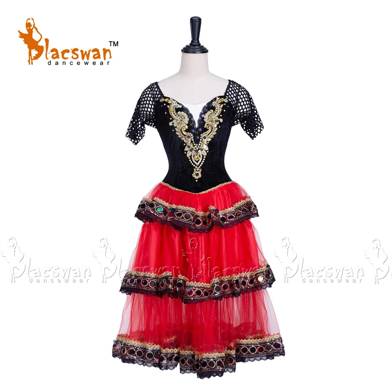 Red and Black Kitri Variation Spanish Style Stage Costume Romantic Tutu Ballet Dress for Girls BT738