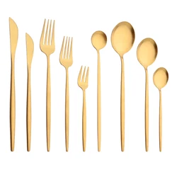 Matte Gold Tableware Stainless Steel Cutlery Set Kitchen Flatware Dinner Fork Spoon Knife Cake Fork Ice Spoon Dinnerware Set