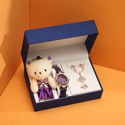 Orologio al quarzo da donna moda donna orologi collana con diamanti orecchino orso burattino Set confezione regalo per la festa della signora della ragazza Presentn