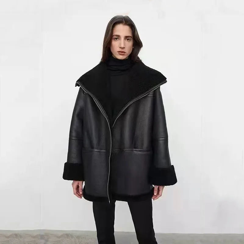 Winter Coat Women Regular Length Thick Warm Natural Real Merino Sheep Fur Jacket Turn-Down Collar Clothes Casual