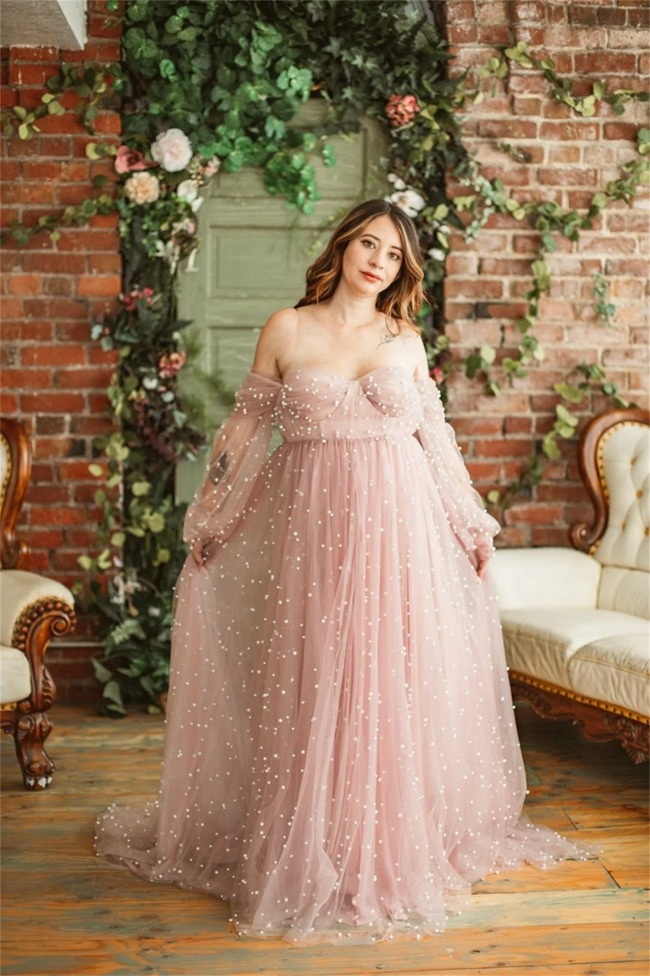 Romantyczna różowa sukienka ciążowa dla Babyshower Sweetheart Pearl Tulle suknia macierzyńska fotografia ciąża kobiety długa sukienka