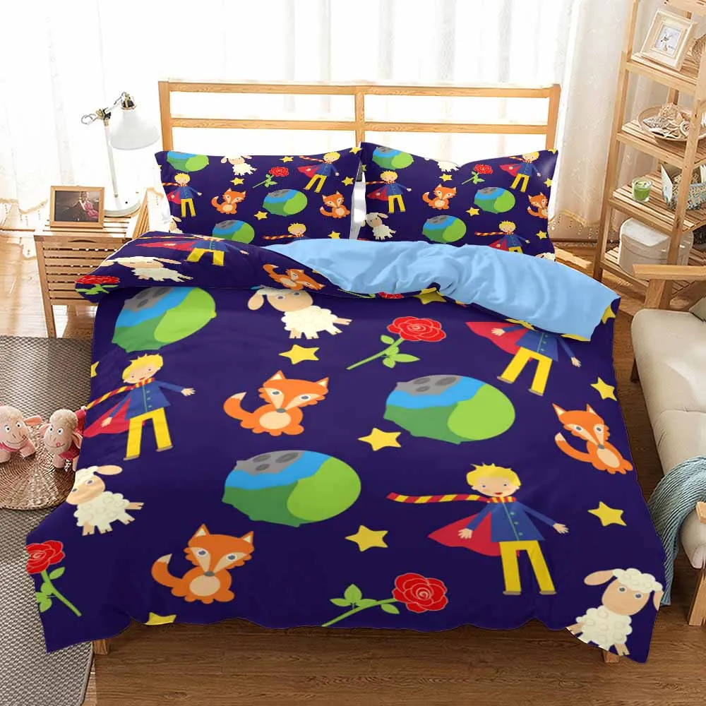 

Kids Cartoon Bedding Set Little Prince 3d Printing Duvet Cover Child Fairy Tale Fox Rose Planet Quilt Cover Blue Bed Set Gifts