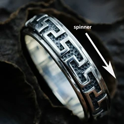 S925 Sterling Silver Men Tibetan Silver Rings Vintage Buddhism Rings 925Sterling Silver Man The Great Wall Turn Rotate Ring