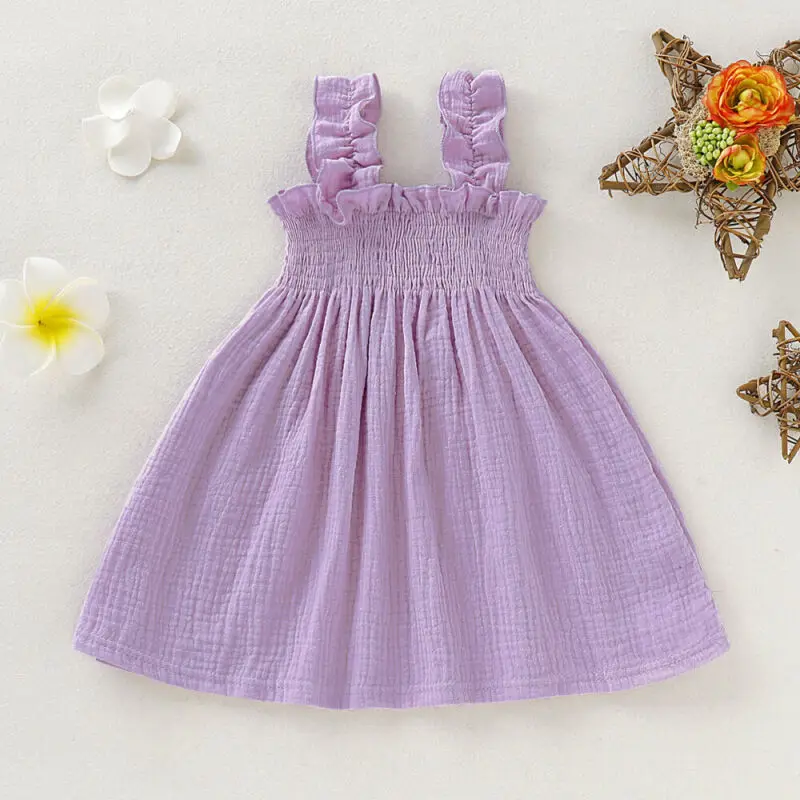 Toddler Kids Girl Princess Dress Cotton Linen Solid Ruched Tutu Summer Outfits Pink Cute Dress 12M-5T 2020 Newest Trendy