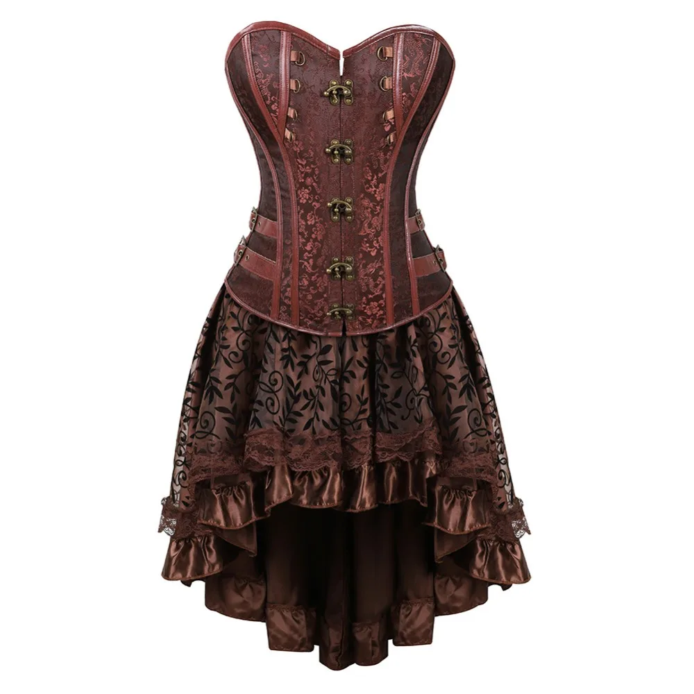 Steampunk Corset Dress Skirt Tops Set Sexy Gothic Leather Sexy Corselet Bustier Pirate Burlesque Vintage Plus Size Brown Black