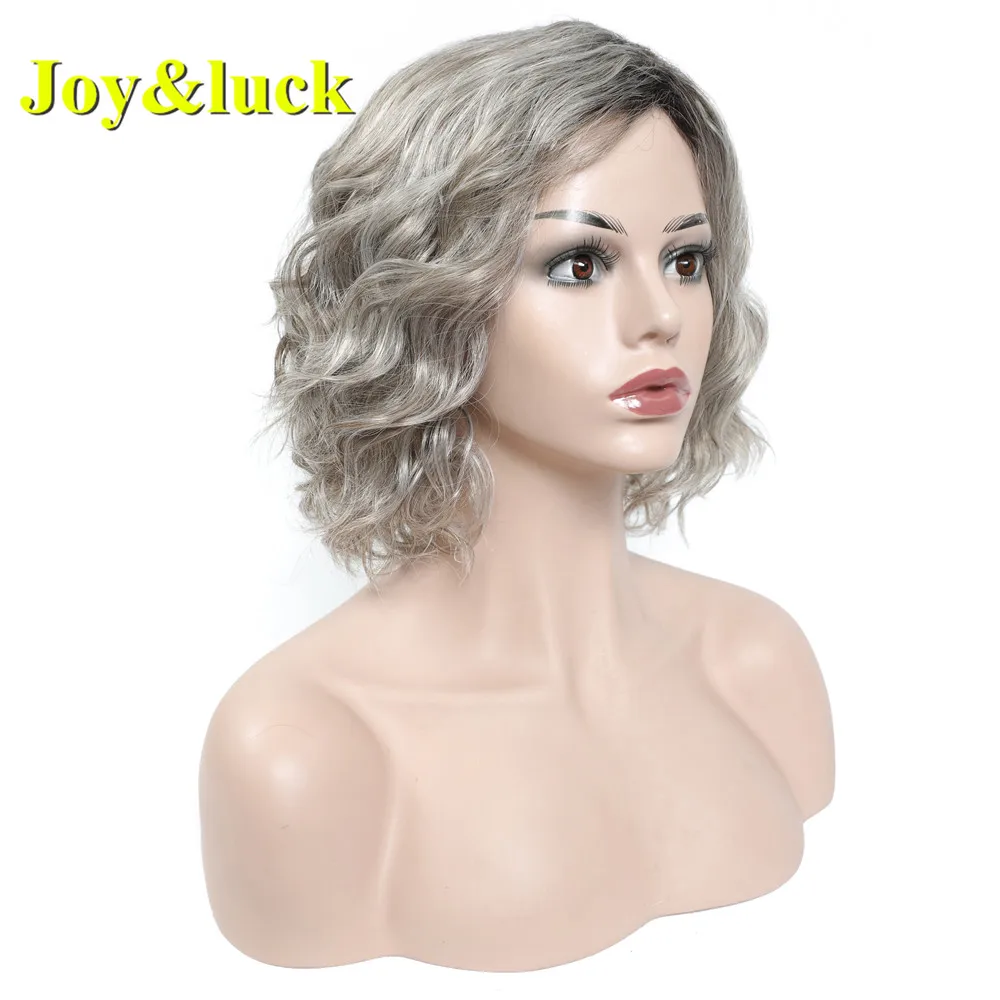 Joy&luck Short Water Wave Wig Ombre Grey Synthetic Wigs For Women Hair Wigs With Bangs Cosplay Or Party Hair Wigs