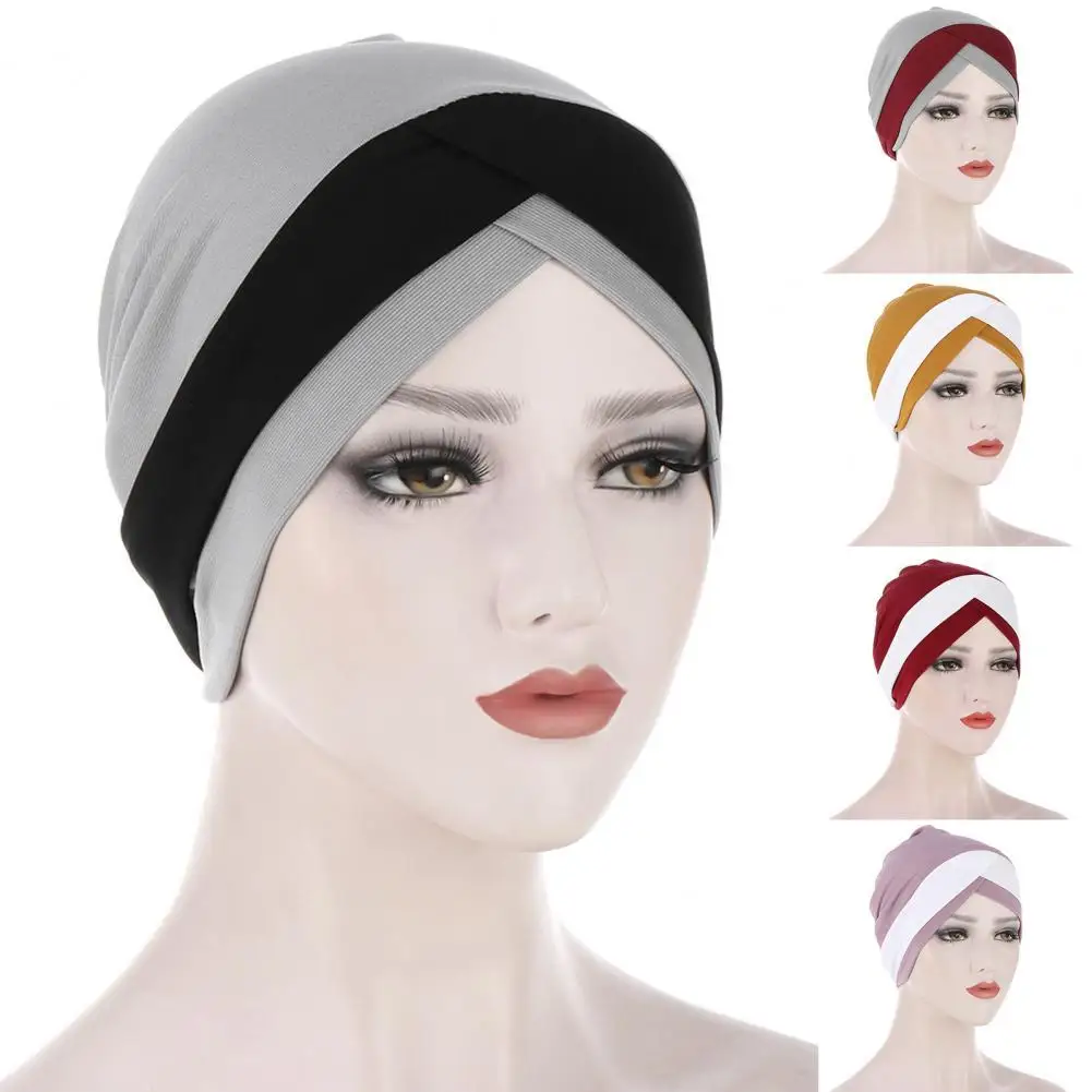 Forehead Cross Hat All-match Breathable Women Beanie Protective Two-Tone Cross Wrap Hat for Daily Life