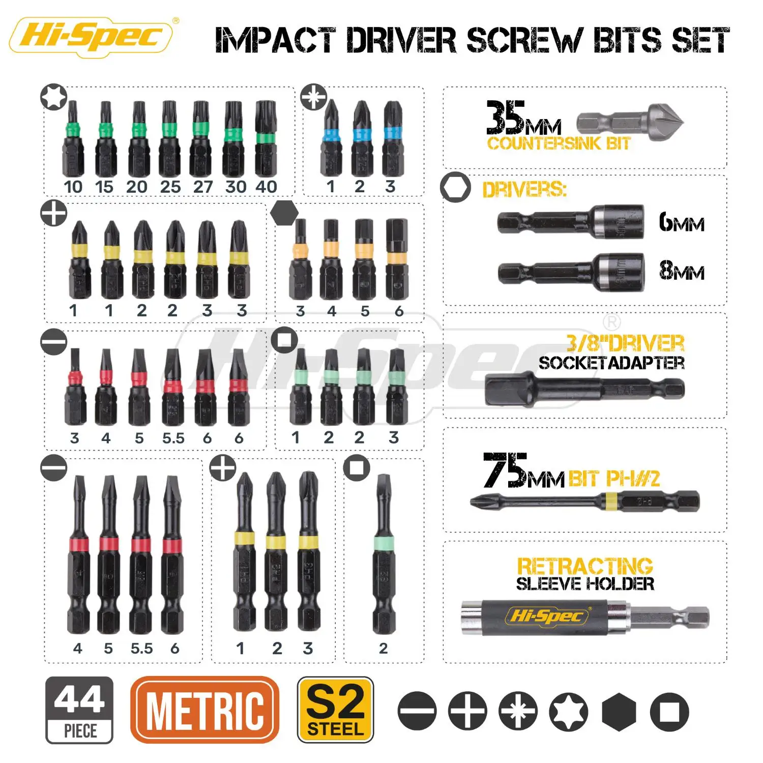 Hi-Spec Premium 44pc Impact Driver Drill Bit S2 Screwdriver Bits Set Power Tool Acessories Home Appliances Repair Hand Tools Kit