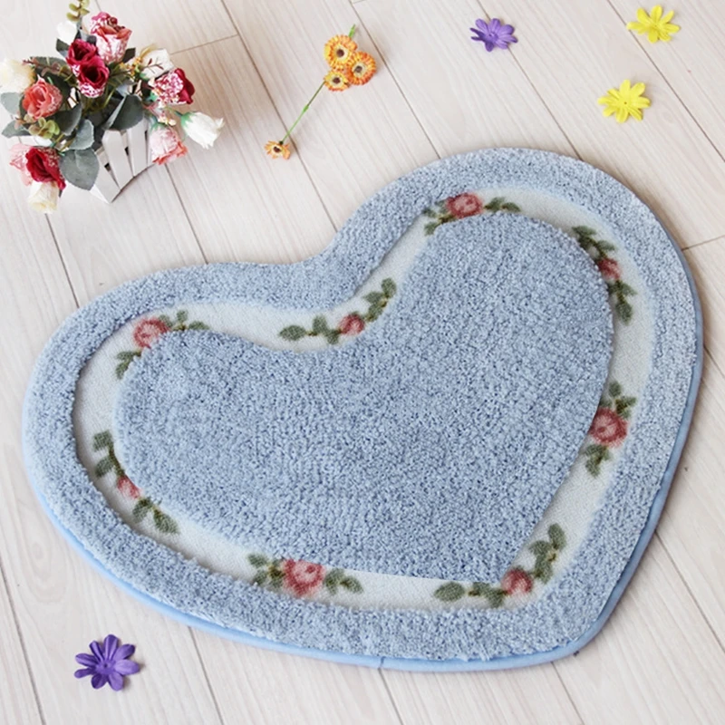 Heart Shape Nonslip Bath Mat Embroidered Toilet Rug Kit Water Absorption Door Mat for Bathroom Toilet Bedroom 2 Sizes Floor Mat