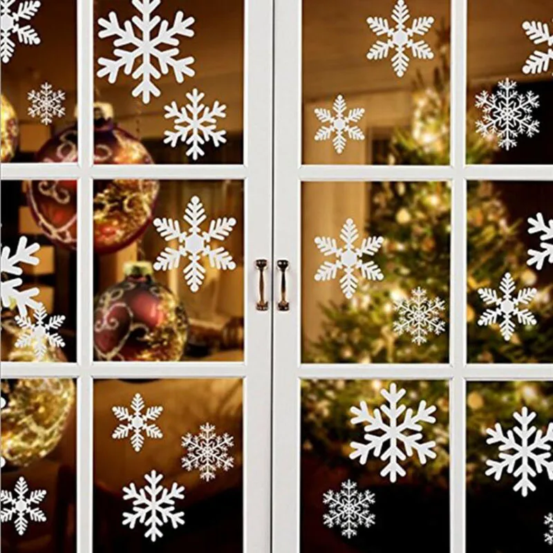 Calcomanías blancas de copos de nieve para ventana, pegatinas de pared de habitación para Navidad, Año Nuevo e invierno, adornos navideños para el