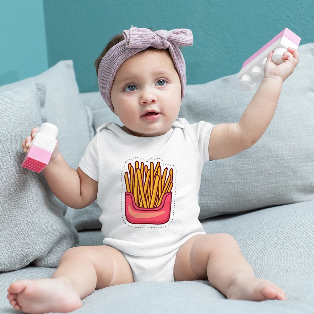 

French Fries Print Funny Toddler Boy Bodysuit Loose Comfy 0-24 Month Newborn Baby Girl Clothes O-neck Summer White Infant Onesie