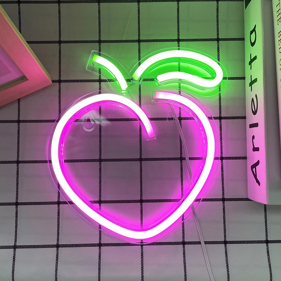 LED Fruit Neon Sign Light Lamp Acrylic Backplane Banana Peach Pineapple Nightlight Decor Room Party Shop Birthday USB Powered