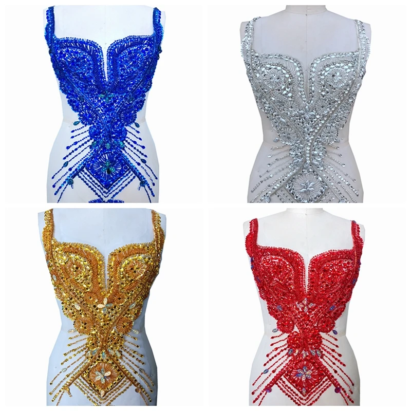 1Pc Lace Collar Rhinestone Crystal DIY Exquisite Sequined Lace Neckline Pearls Stones Flower Decoration Clothing