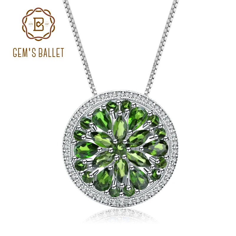 

GEM'S BALLET 925 Sterling Sliver Round Pendant Necklace Natural Chrome Diopside Gemstone Pendant For Women Fine Jewelry