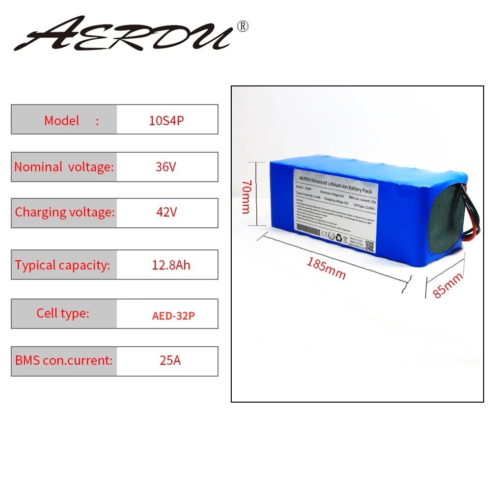 AERDU 36V 12.8Ah 10S4P 13Ah 12Ah 18650 Li-ion Battery Pack 750Watt 500W Motor Ebike Scooter Extended Range 37v Lithium Batteries