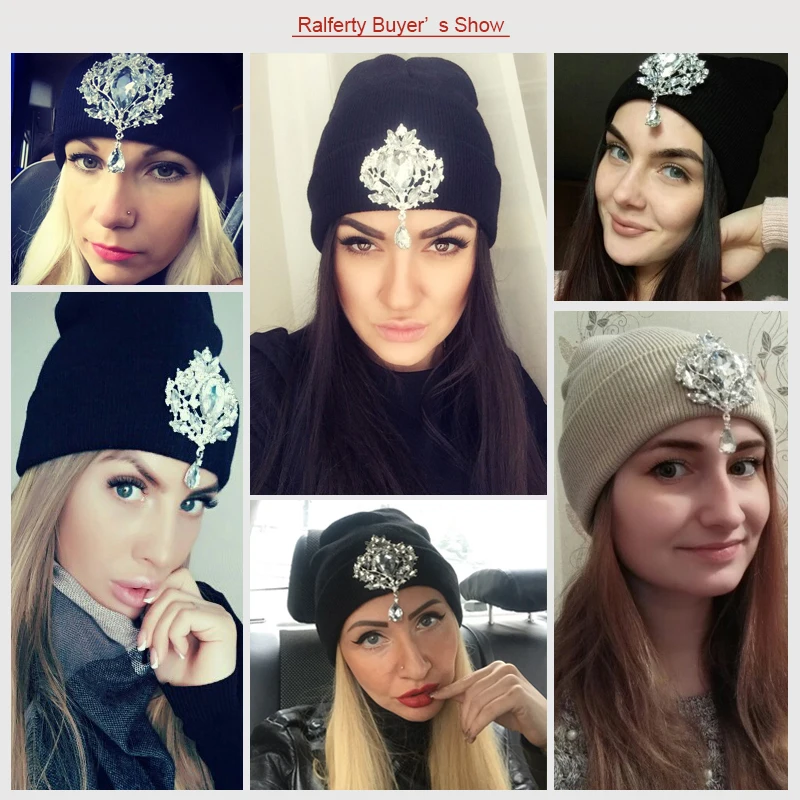 Ralferty Winter Women\'s Hats Luxury Rhinestone Crystal Accessories Headgear Beanie Hat Women Cap bonnet femme gorro 2024