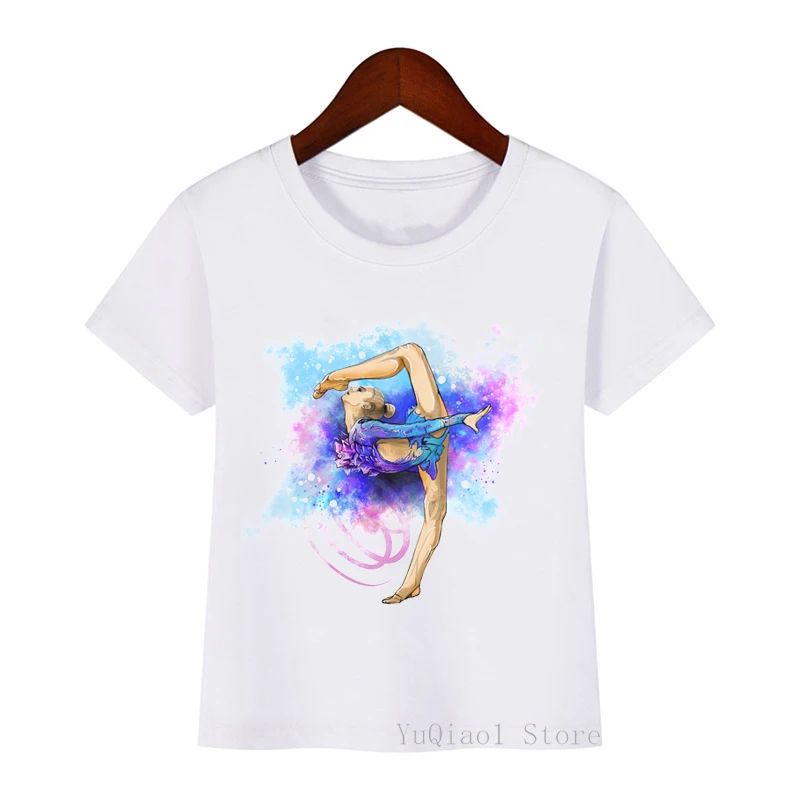 Watercolor Gymnast Ballerina Print Children GYM Gymnastics White T-Shirt Girls Dance Training Clothes Customized Top Kids Tshirt