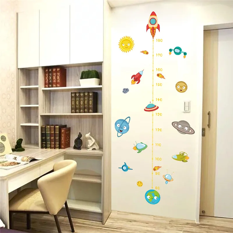 Sun Earth Planet Spaceship Growth Chart Wall Sticker Home Decoration Kids Room Bedroom Mural Art Diy Height Measure Wall Decals