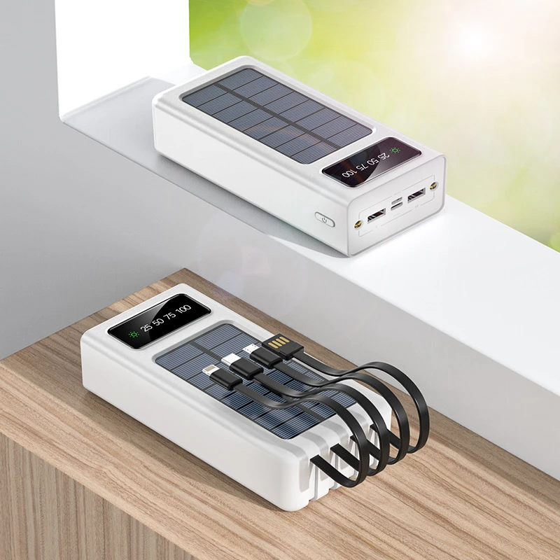 

30000mAh Solar Power Bank with Cable Portable Charger USB Type C Charging Powerbank for iPhone 15 X Samsung S22 Xiaomi Poverbank