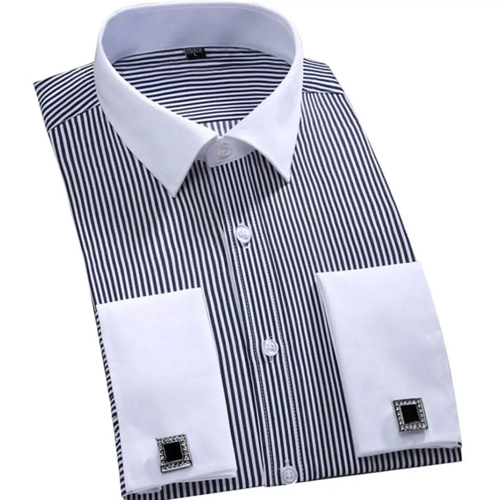 

Men's Dress Shirts Loose French Cuff Regular Fit Luxury Striped Business Long Sleeve Cufflinks Social Pluse Size 6XL