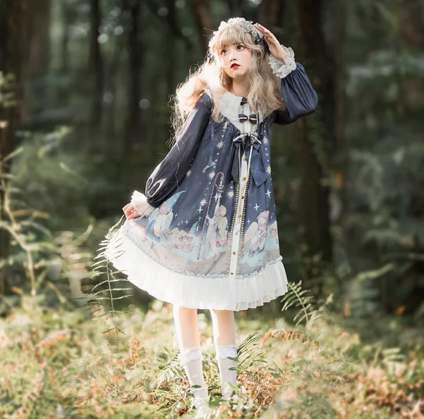 Japanische süße lolita kleid retro spitze bowknot oansatz nette druck hohe taille viktorianischen kleid kawaii mädchen gothic lolita op cos