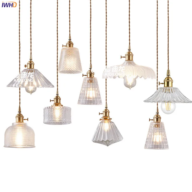 

IWHD Nordic Copper LED Pendant Light Fixtures Switch Bedroom Restaurant Bar Coffe Japan Modern Glass Hanging Lamp Lampara