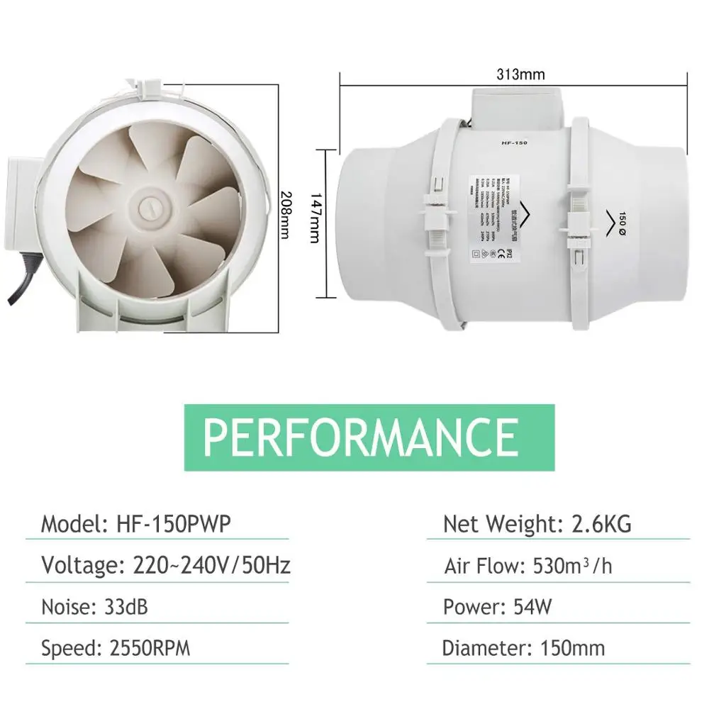 Hon&Guan 6Inch 220V Silent Inline Duct Fan with Smart Controller Timer Air Extractor for Kitchen Hood Ventilation Exhaust