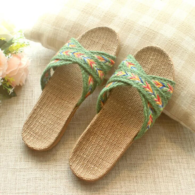 البوهيمي ريترو ستايل الكتان الشرائح الصيف بارد شبشب منزل النساء الصنادل المنزلية