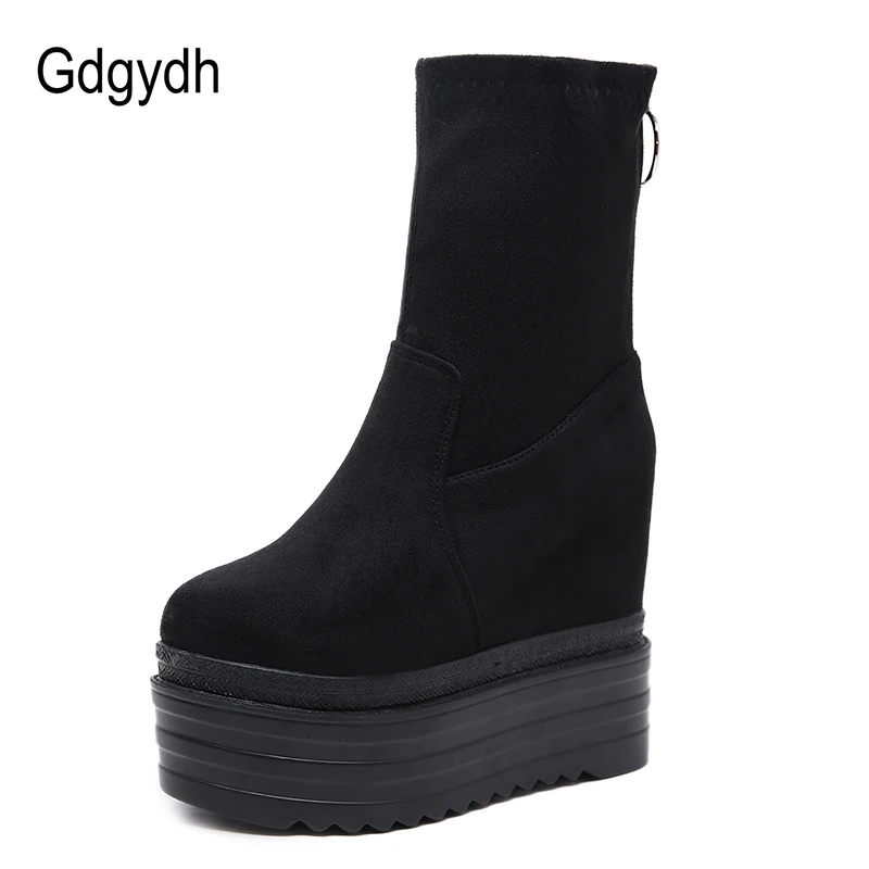 Gdgydh Womens Shoes Heels Wedge Suede Elasticated Platform Ankle Boots Casual Shoes Women\'s Black Back Zipper Boots Closed Toe