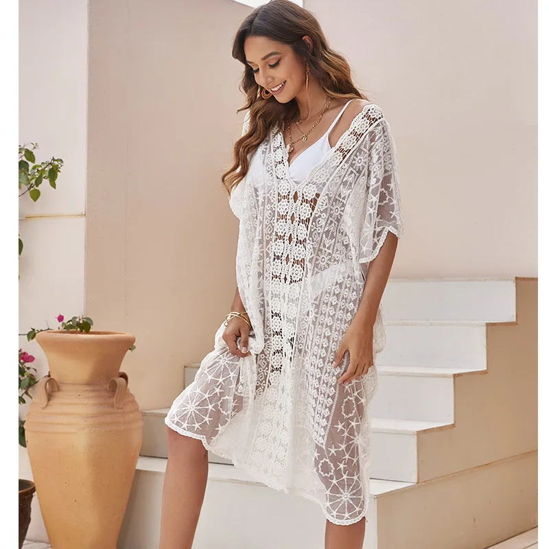 Sexy Mesh Sheer Bikini Cover Ups Women’s Crochet Lace Bathing Suit Swimsuit Smock Knitting Swimwear Beach Dresses Tunic Robe