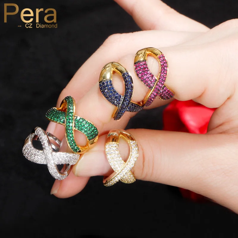 Pera Noble Micro Green Blue Red Cubic Zircon Pave Gold Colour Luxury Resizable Engagement Bridal Cross Geometry Finger Ring R134