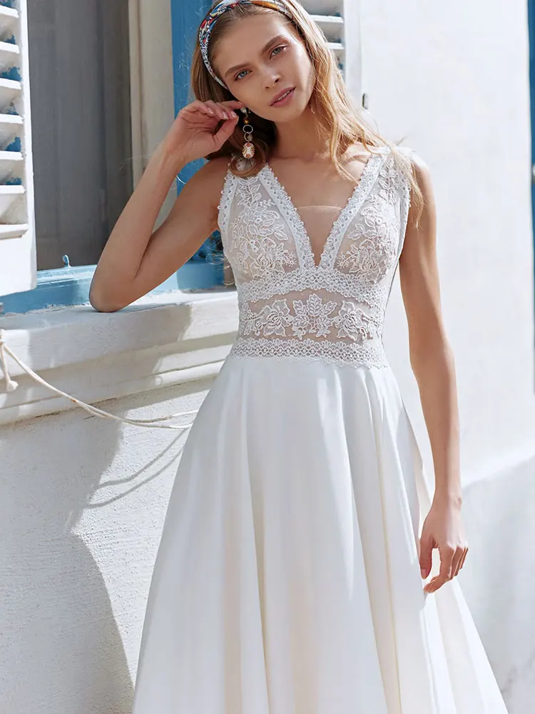 Vestido de novia sencillo para playa, Apliques de encaje con cuello en V, vestidos de novia de princesa de gasa para mujer, sin mangas, bohemio, personalizado, 2022