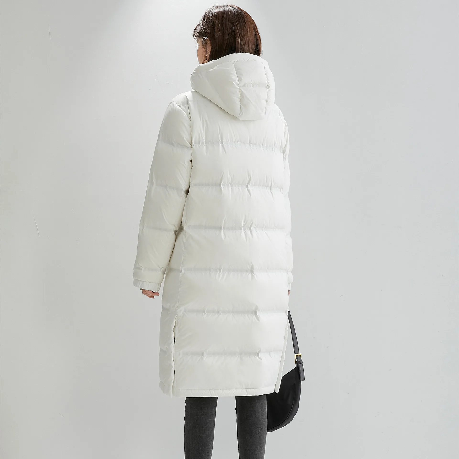 Women Winter Down Coats Thick Warm White Goose Down Hodded Midi Length Parkas Outerwear Solid Couple Outfit S-3XL