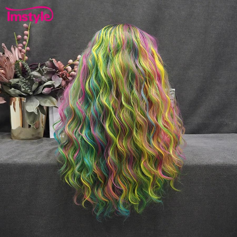 Imstyle Rainbow Wig Green Synthetic Lace Front Wig Heat Resistant Fiber Deep Wave Mixed Colorful Wigs For Women Party