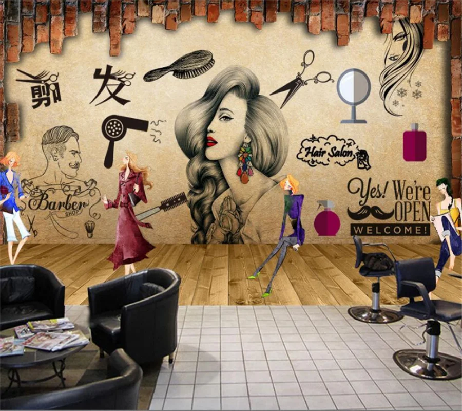 

beibehang Salon hair salon beauty salon hairdressing shop nostalgic retro makeup background wall custom large fresco wallpaper