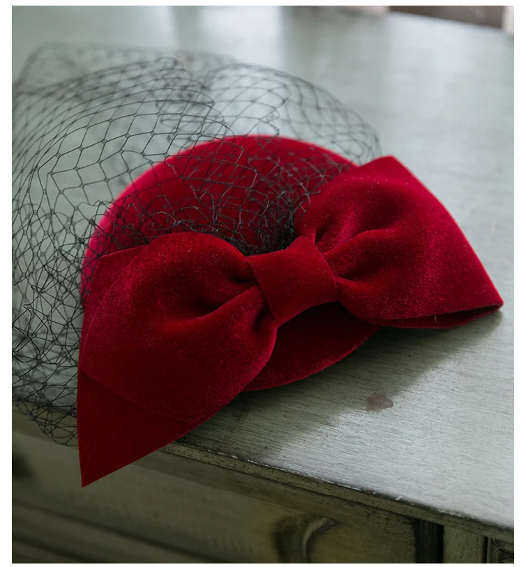 Formal Lady Hat Royal Style Elegant Bowknot Veil Fascinator Hat Cocktail  Beret Cap Lady Wedding Party Church Wool Felt Pillbox