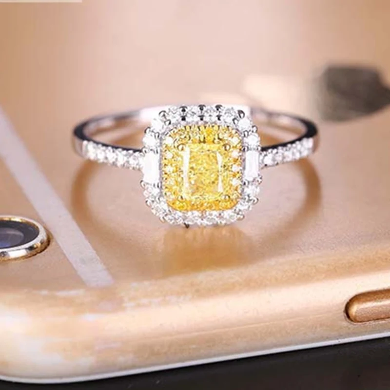 Ekopdee 2021 New Fashion Vintage Big Zircon Rings For Women Girls Yellow Square Cubic Ziconia Ring Bride Wedding Jewelry Gift