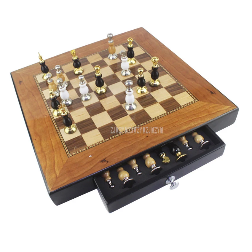 3in1 Three Gameplay Wooden International Chess Set Board Drawer Design Travel Portable Morris Checkers Educational Game Play Kit