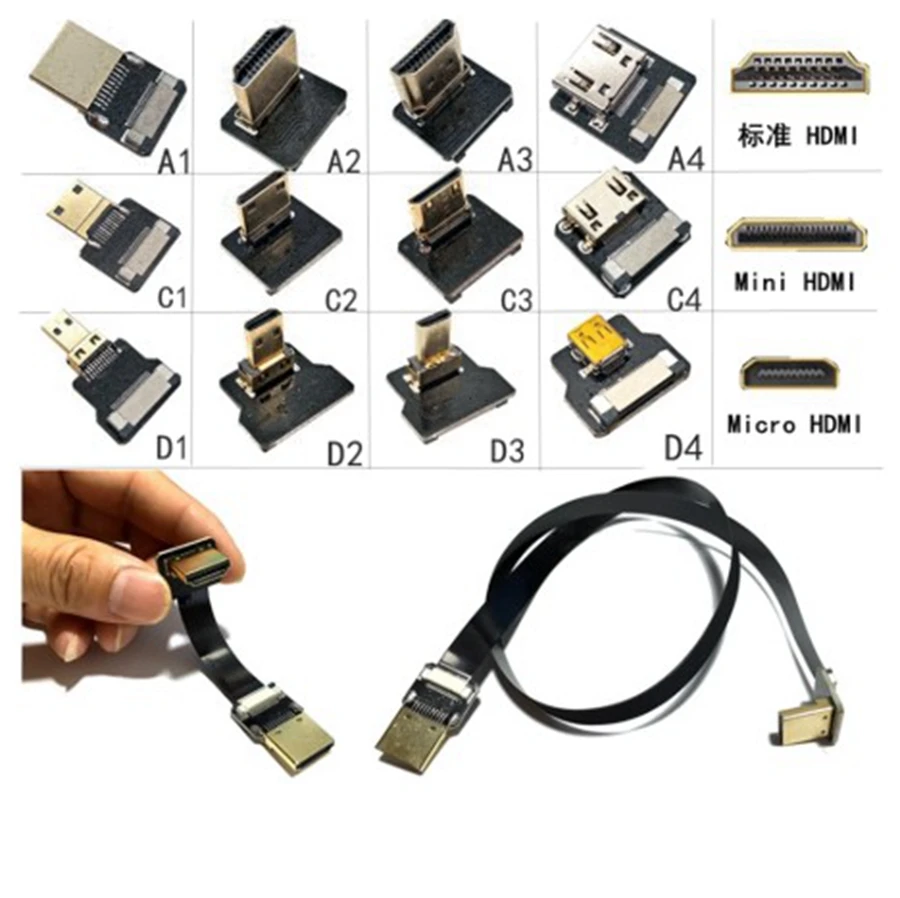 Compatible con HD hembra a Micro HDTV tipo D arriba abajo FPV FPC ángulo macho hembra codo HDTV Cable plano FPC para GH4 GoPro BMPCC A5000