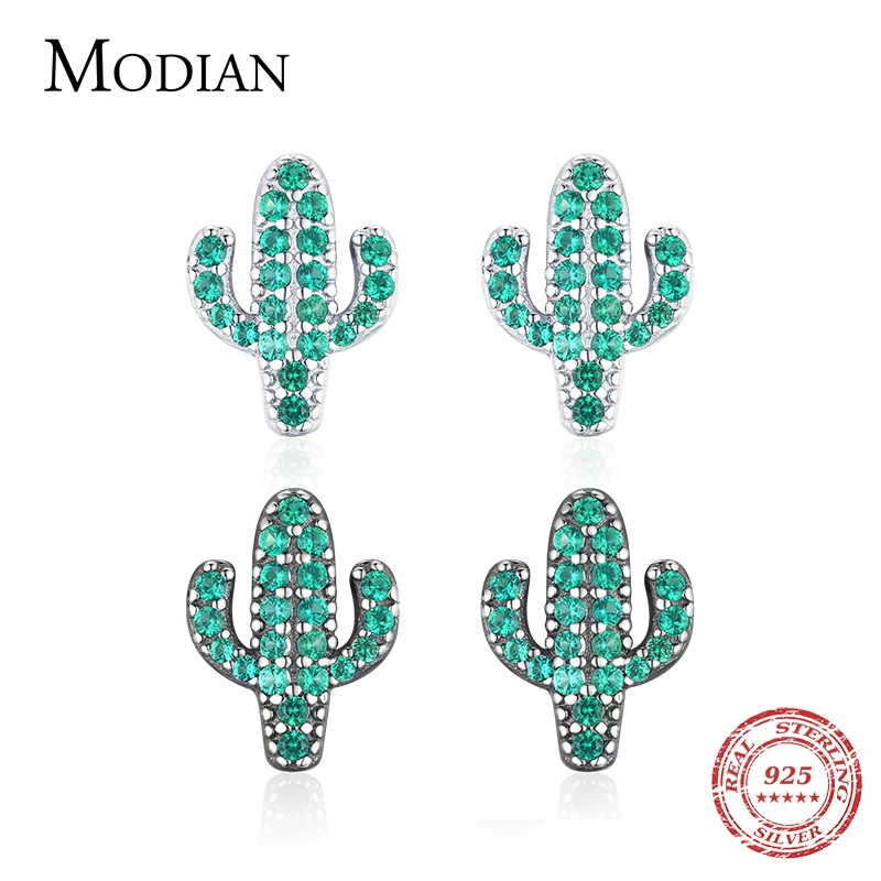 Modian 100% 925 Sterling Silver Plant Green Crystal Cactus Fashion Girls Stud Earrings For Women Clear Cubic Zircon Fine Jewelry