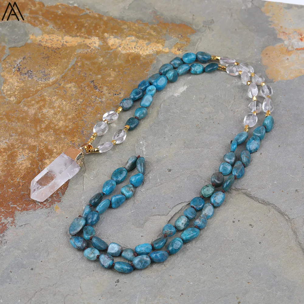 Natural Blue Apatite Nugget Chip Beads Handmade Knot Necklace Women White Quartz Point Bead Yoga Necklace Long 32 Inch