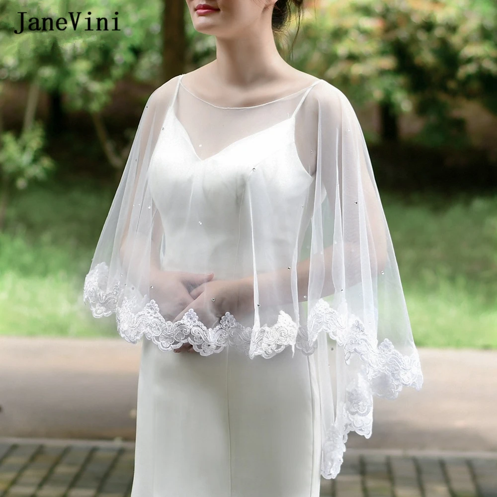 

JaneVini White/Ivory Tulle Elegant Evening Cape Appliques Edge Crystal Bridal Bolero Jacket Women Shawl Wrap for Wedding Dress