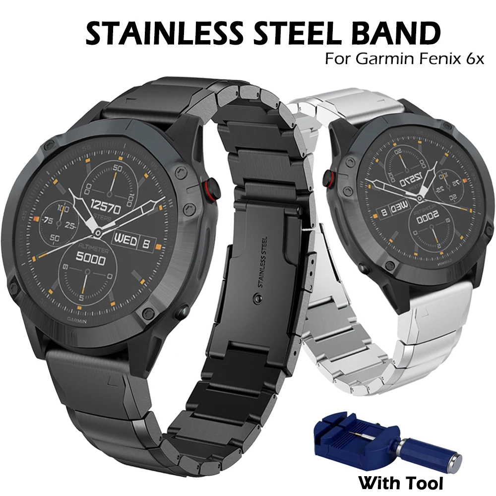 

Ремешок для часов Garmin Fenix 6x/6x Pro/5x Plus/Quaitx3 /Mk1/D2, 26 мм, из нержавеющей стали, с инструментом