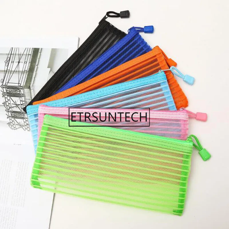 200pcs Transparent Stripe Nylon Yarn Pen Bag Zipper Portable Folder Pencil Bag Cosmetic Makeup Storage Bag