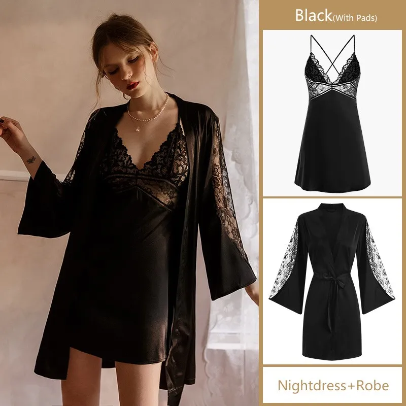 Robe Sets Night Dress Women Satin Sleepwear Bride Bridesmaid Wedding Gift Sexy Lace Nightgown Kimono Bathrobe Gown